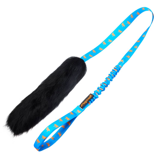 Sheepskin Bungee Chaser dog toy with teal handle for chase, tug, and prey drive stimulation
