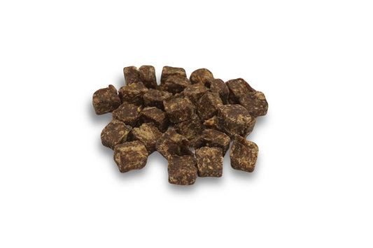 Air-dried Tuna Nuggets dog treats in a clear pack, showing natural fish bites perfect for training and high-protein snacking