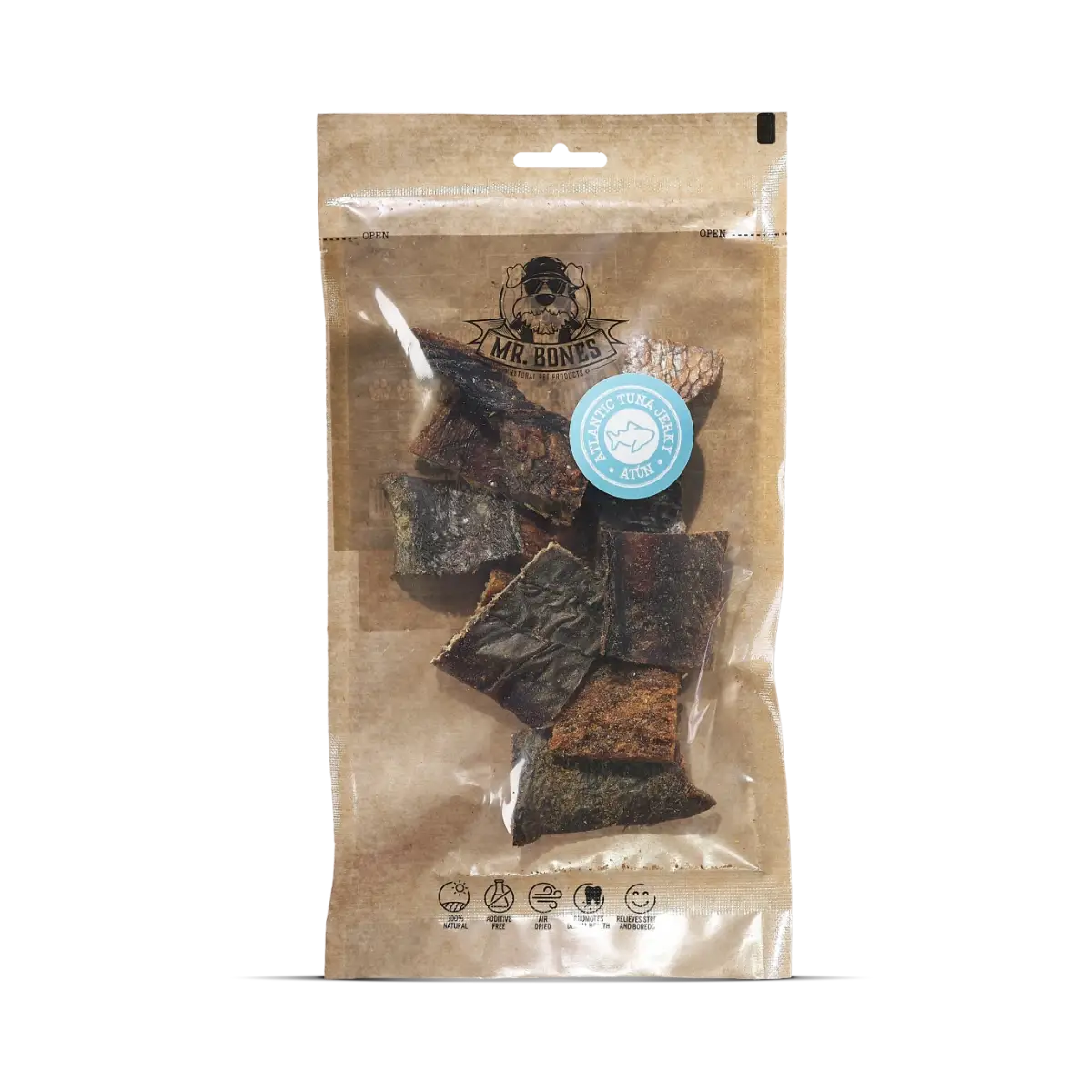Bag of air-dried Atlantic tuna jerky for dogs, natural dental snack for all sizes