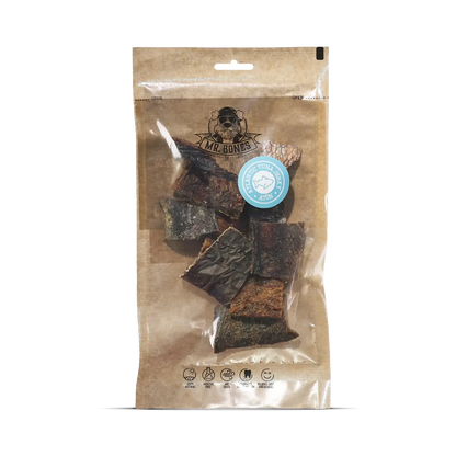 Bag of air-dried Atlantic tuna jerky for dogs, natural dental snack for all sizes