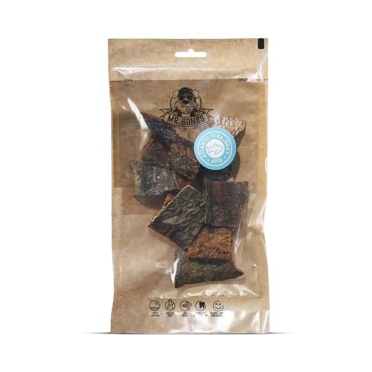 Bag of air-dried Atlantic tuna jerky for dogs, natural dental snack for all sizes