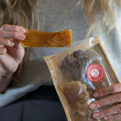 Three air-dried bull tendon dog chews, high-hardness natural dental snack for strong jaws.