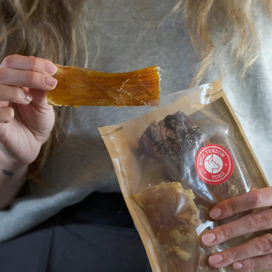 Three air-dried bull tendon dog chews, high-hardness natural dental snack for strong jaws.