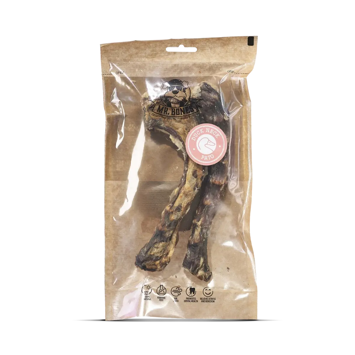 Two air-dried duck neck dog chews on a rustic surface, natural dental snack for dogs.