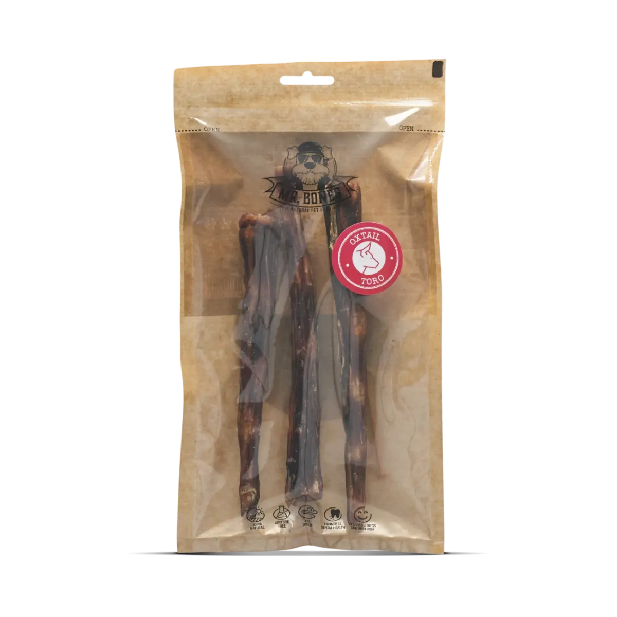 Three air-dried oxtail dog chews on a neutral background, natural dental treat for medium and large dogs.