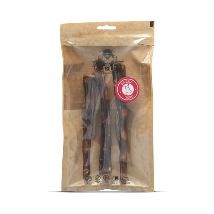 Three air-dried oxtail dog chews on a neutral background, natural dental treat for medium and large dogs.
