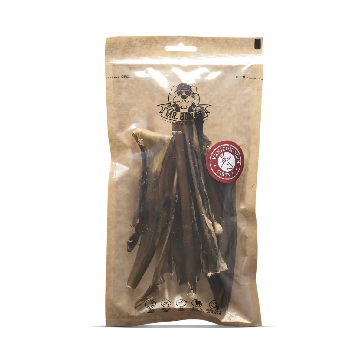 Bag of air-dried venison skin dog chews, high-hardness natural dental snack for medium and large dogs.