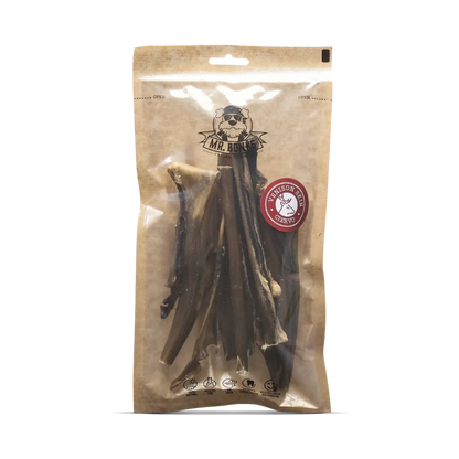 Bag of air-dried venison skin dog chews, high-hardness natural dental snack for medium and large dogs.