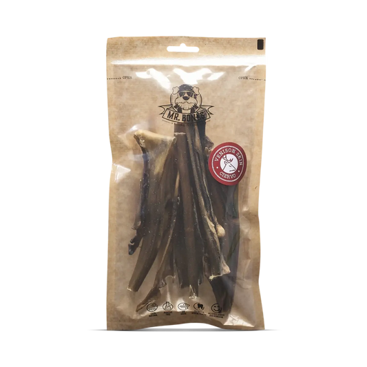 Bag of air-dried venison skin dog chews, high-hardness natural dental snack for medium and large dogs.