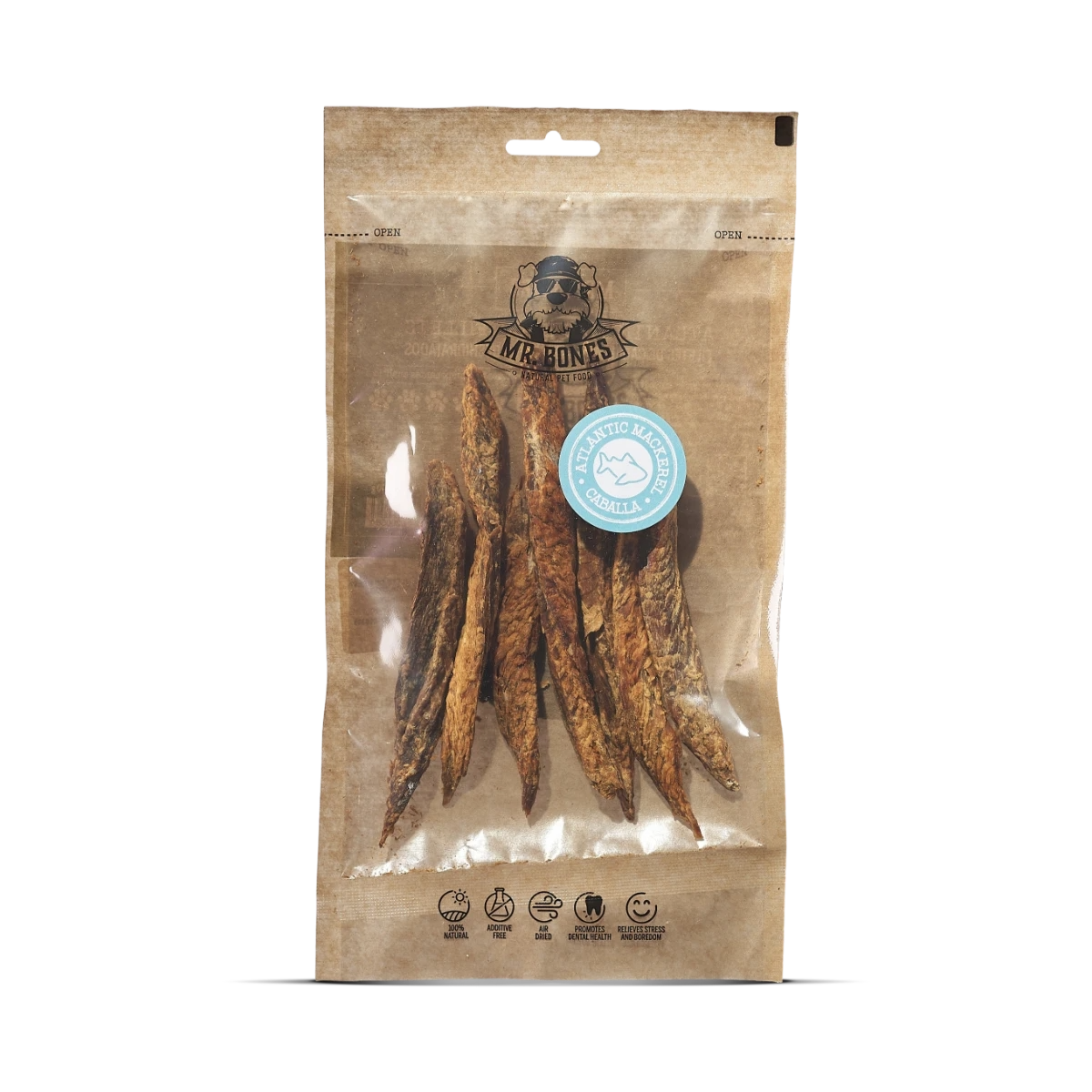Bag of air-dried Atlantic mackerel fillets for dogs, natural fish snack rich in omega-3.