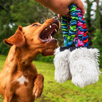 Faux Fur Pocket Bungee Squeaker toy with squeaker and bungee handle for small and large dogs