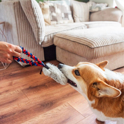 Faux Fur Pocket Bungee Squeaker toy with squeaker and bungee handle for small and large dogs