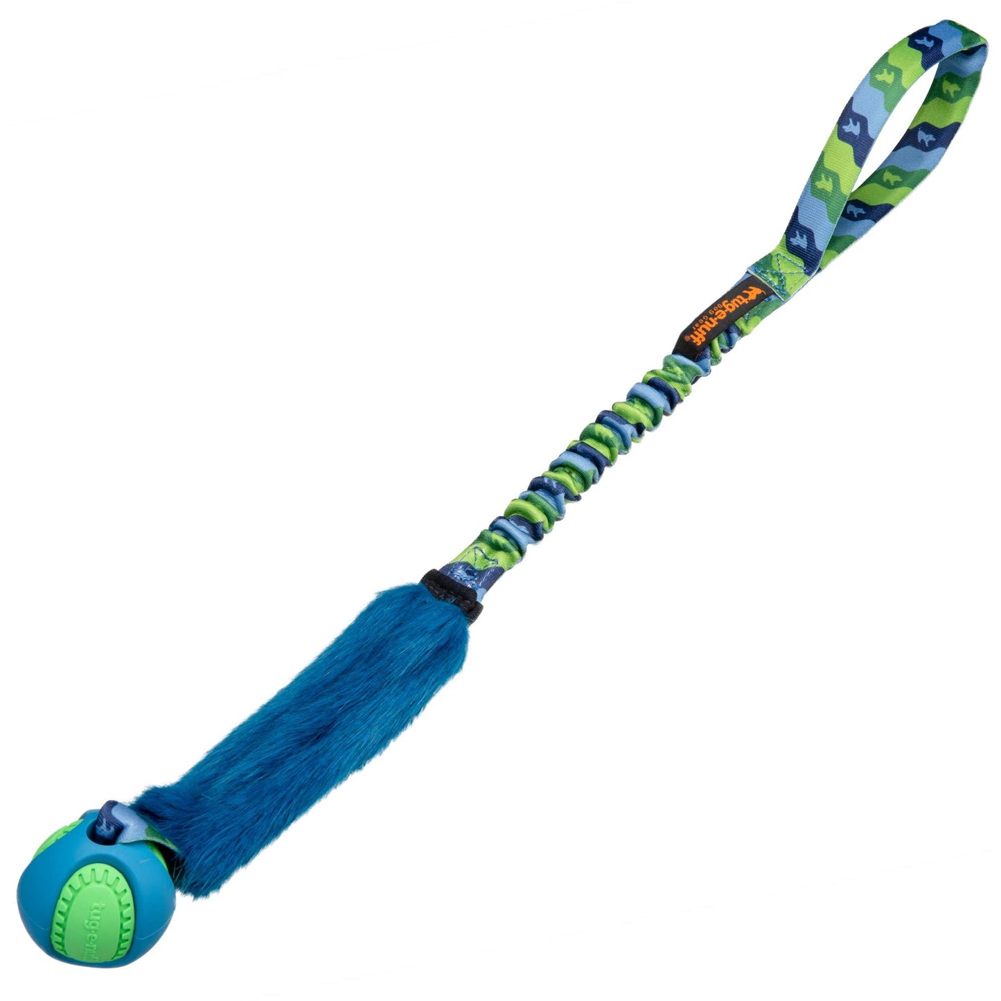 Fauxtastic PowerBall Bungee dog toy, faux fur, and bungee handle for high-energy play