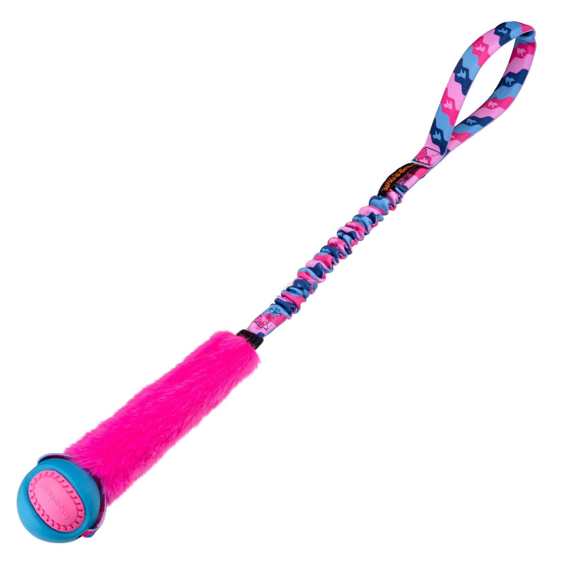 Fauxtastic PowerBall Bungee dog toy, faux fur, and bungee handle for high-energy play