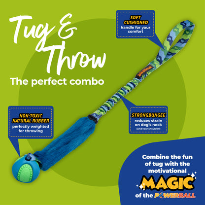 Fauxtastic PowerBall Bungee dog toy, faux fur, and bungee handle for high-energy play