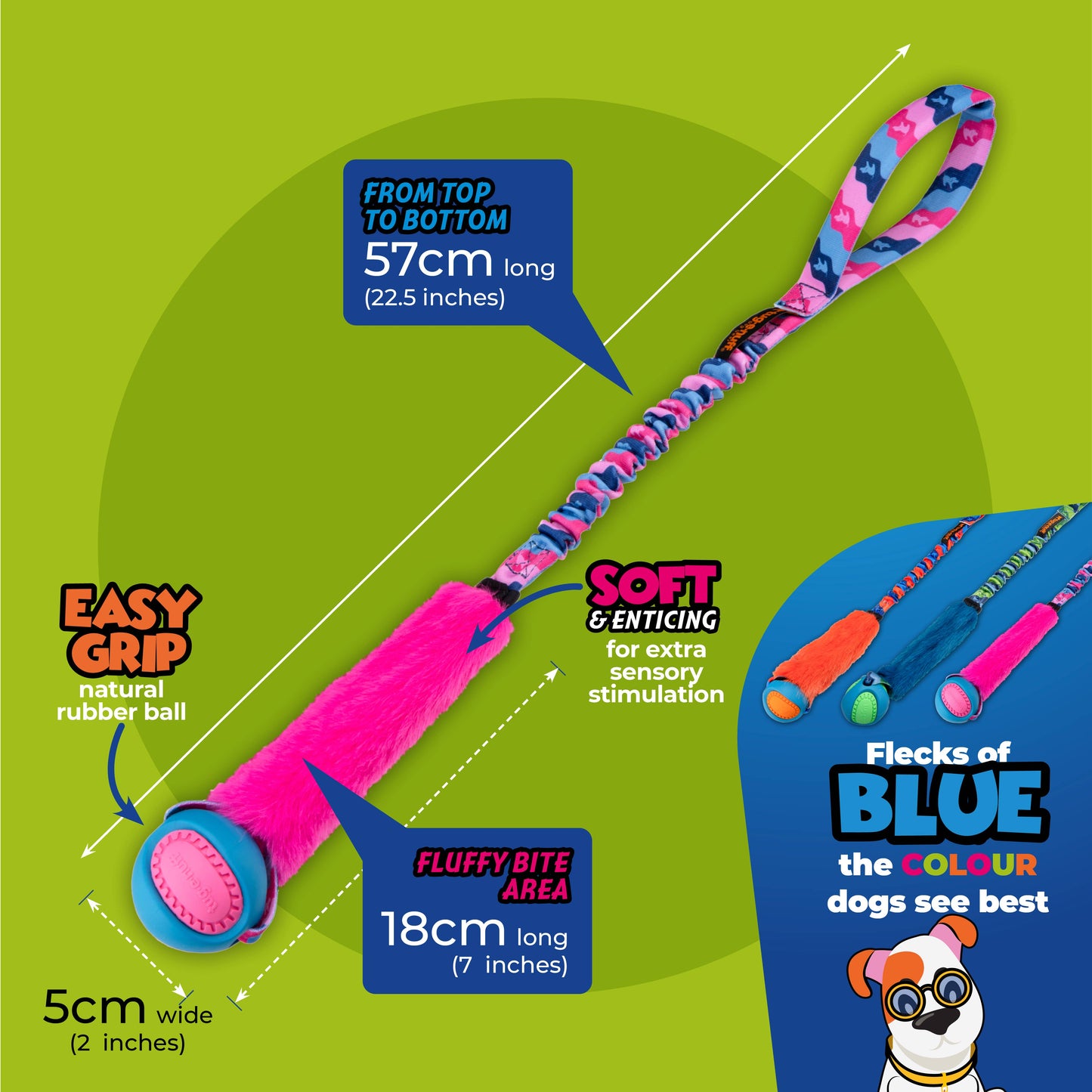 Fauxtastic PowerBall Bungee dog toy, faux fur, and bungee handle for high-energy play