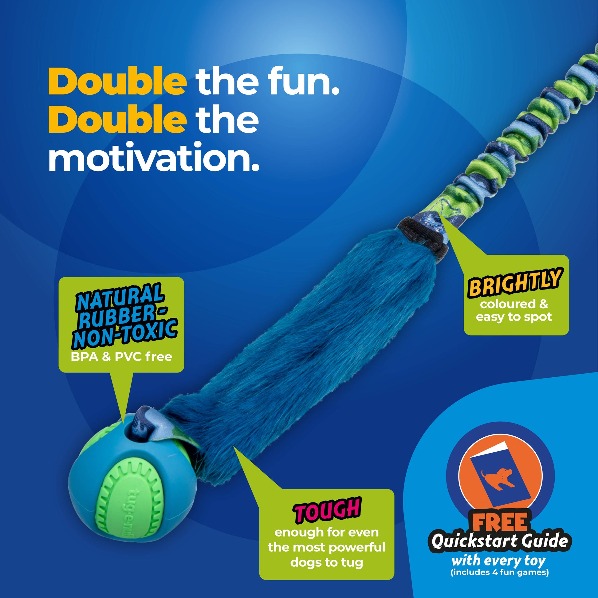 Fauxtastic PowerBall Bungee dog toy, faux fur, and bungee handle for high-energy play