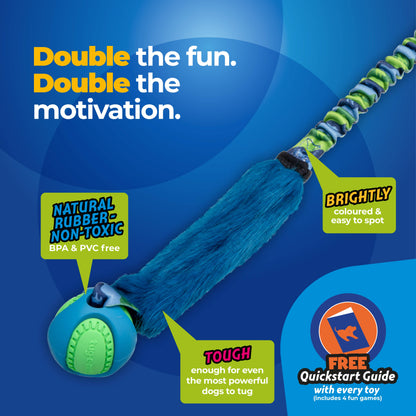 Fauxtastic PowerBall Bungee dog toy, faux fur, and bungee handle for high-energy play