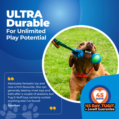 Fauxtastic PowerBall Bungee dog toy, faux fur, and bungee handle for high-energy play