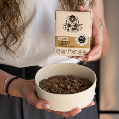 Tetra Brick of gently cooked single-protein beef dog food, complete and grain-free meal