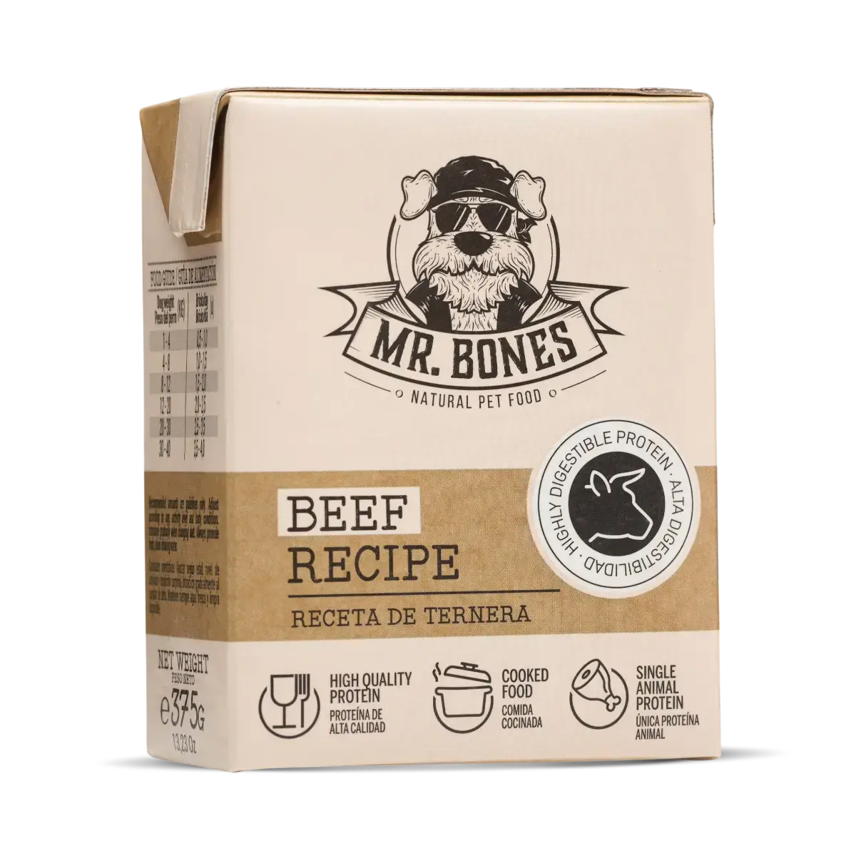 Tetra Brick of gently cooked single-protein beef dog food, complete and grain-free meal