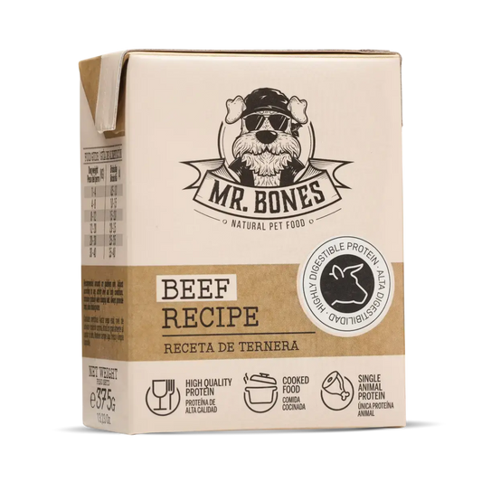 Tetra Brick of gently cooked single-protein beef dog food, complete and grain-free meal
