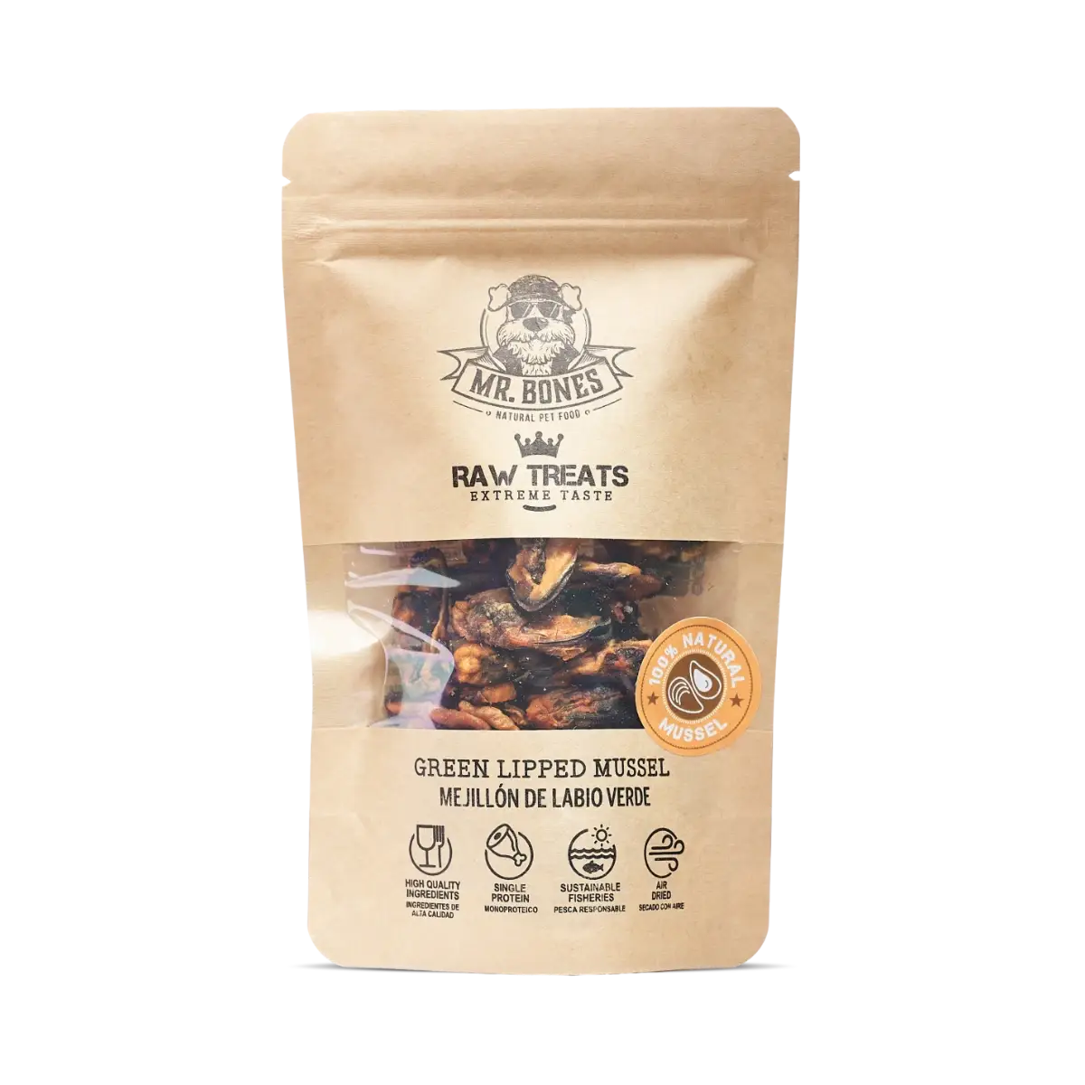 Zip bag of air-dried green lipped mussel treats for dogs and cats, natural omega-3 snack