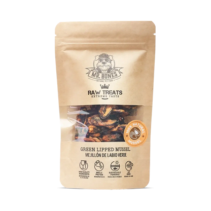 Zip bag of air-dried green lipped mussel treats for dogs and cats, natural omega-3 snack