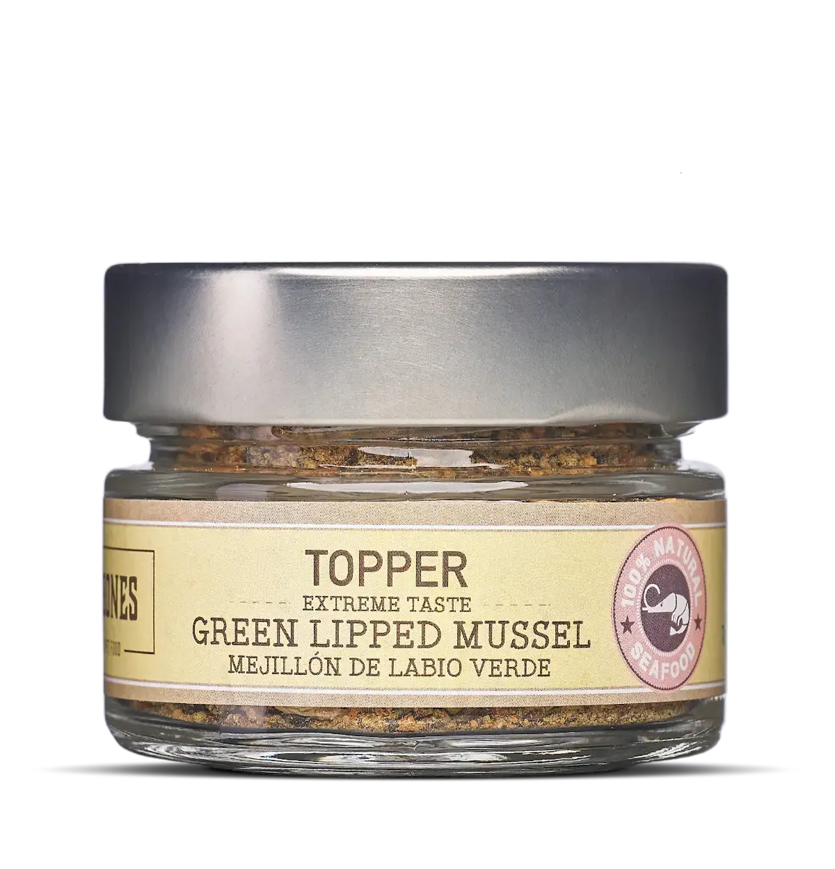 Glass jar with green lipped mussel topper for dogs and cats, natural joint health supplement.