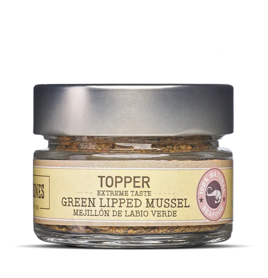 Glass jar with green lipped mussel topper for dogs and cats, natural joint health supplement.