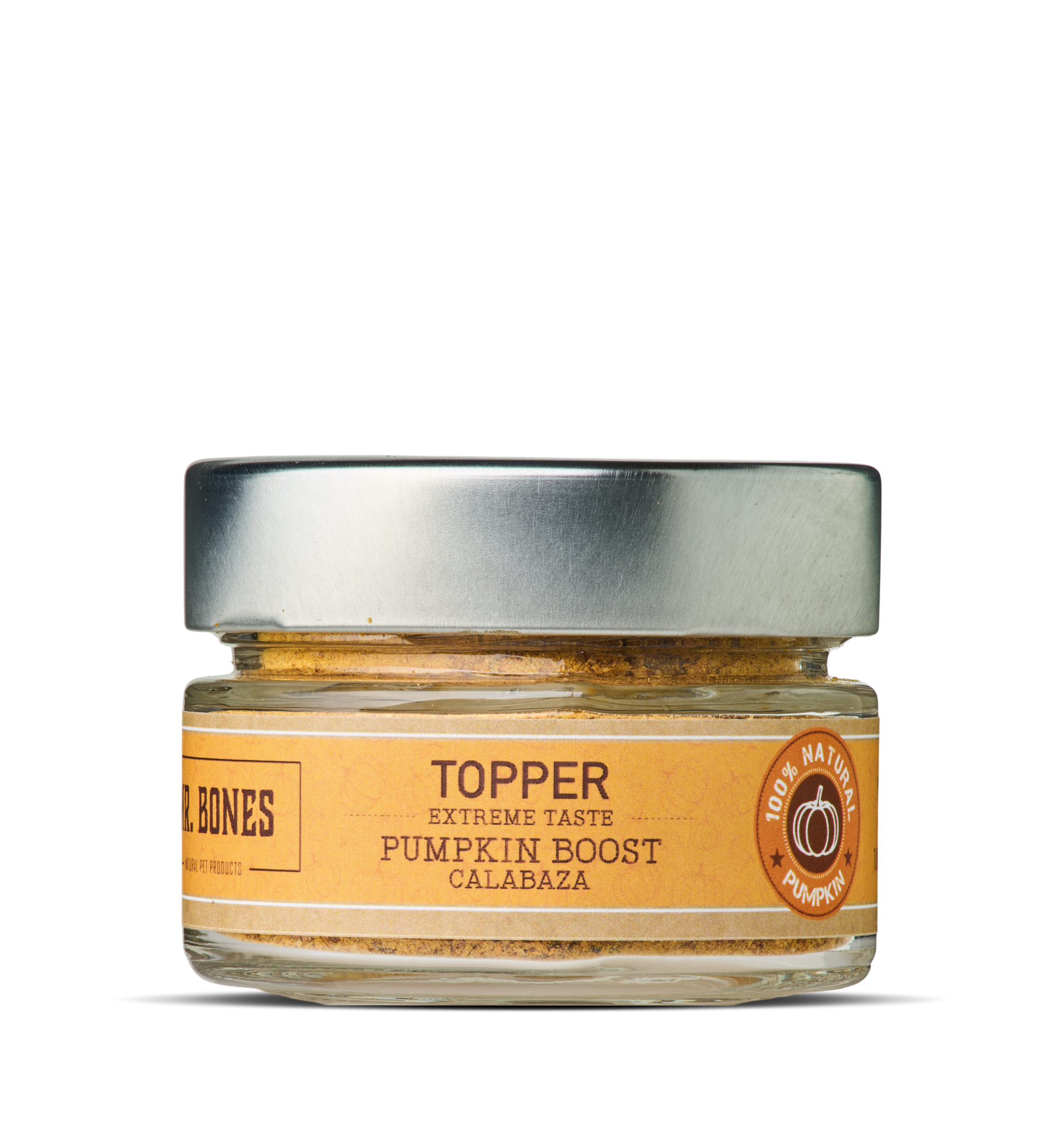 Glass jar of natural dehydrated pumpkin topper for dogs and cats with a wooden spoon, digestive health supplement.
