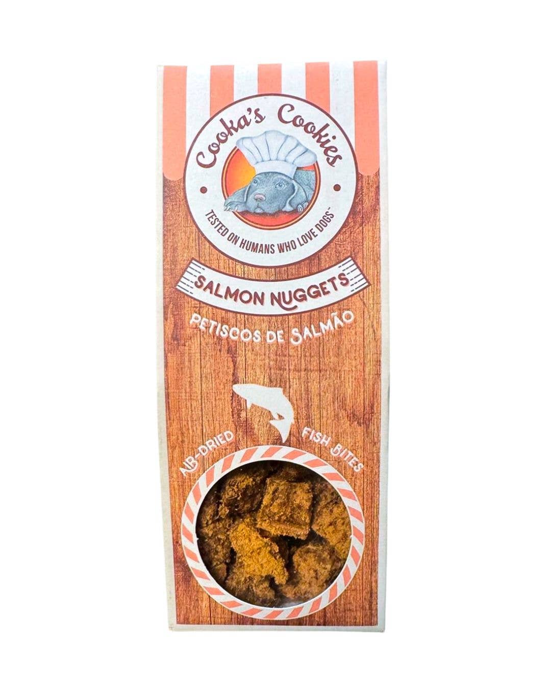 Salmon Nuggets air-dried fish treats for dogs, featuring natural salmon and cod ingredients in a kraft-style package.
