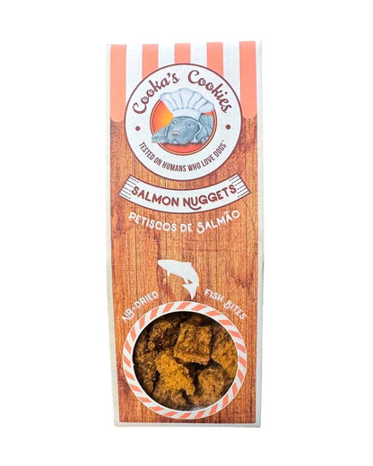 Salmon Nuggets air-dried fish treats for dogs, featuring natural salmon and cod ingredients in a kraft-style package.
