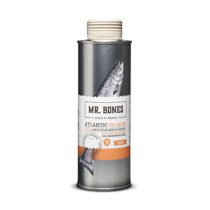 Metal bottle of omega-rich salmon oil for dogs and cats with glucosamine and chondroitin joint support.