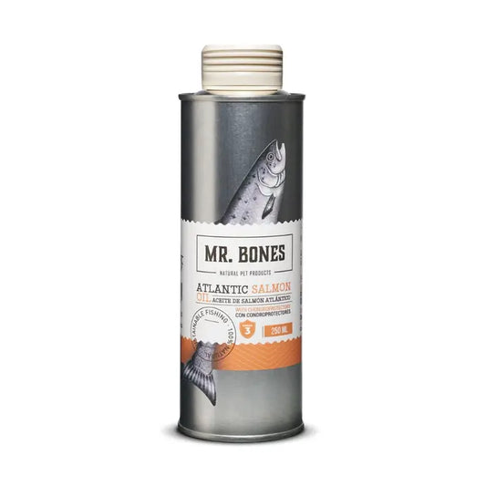 Metal bottle of omega-rich salmon oil for dogs and cats with glucosamine and chondroitin joint support.