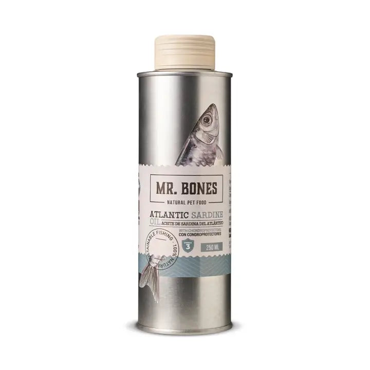 Metal bottle of high-EPA sardine oil for dogs and cats with glucosamine and chondroitin joint support.