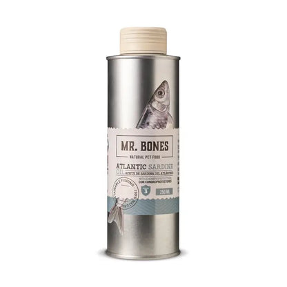 Metal bottle of high-EPA sardine oil for dogs and cats with glucosamine and chondroitin joint support.