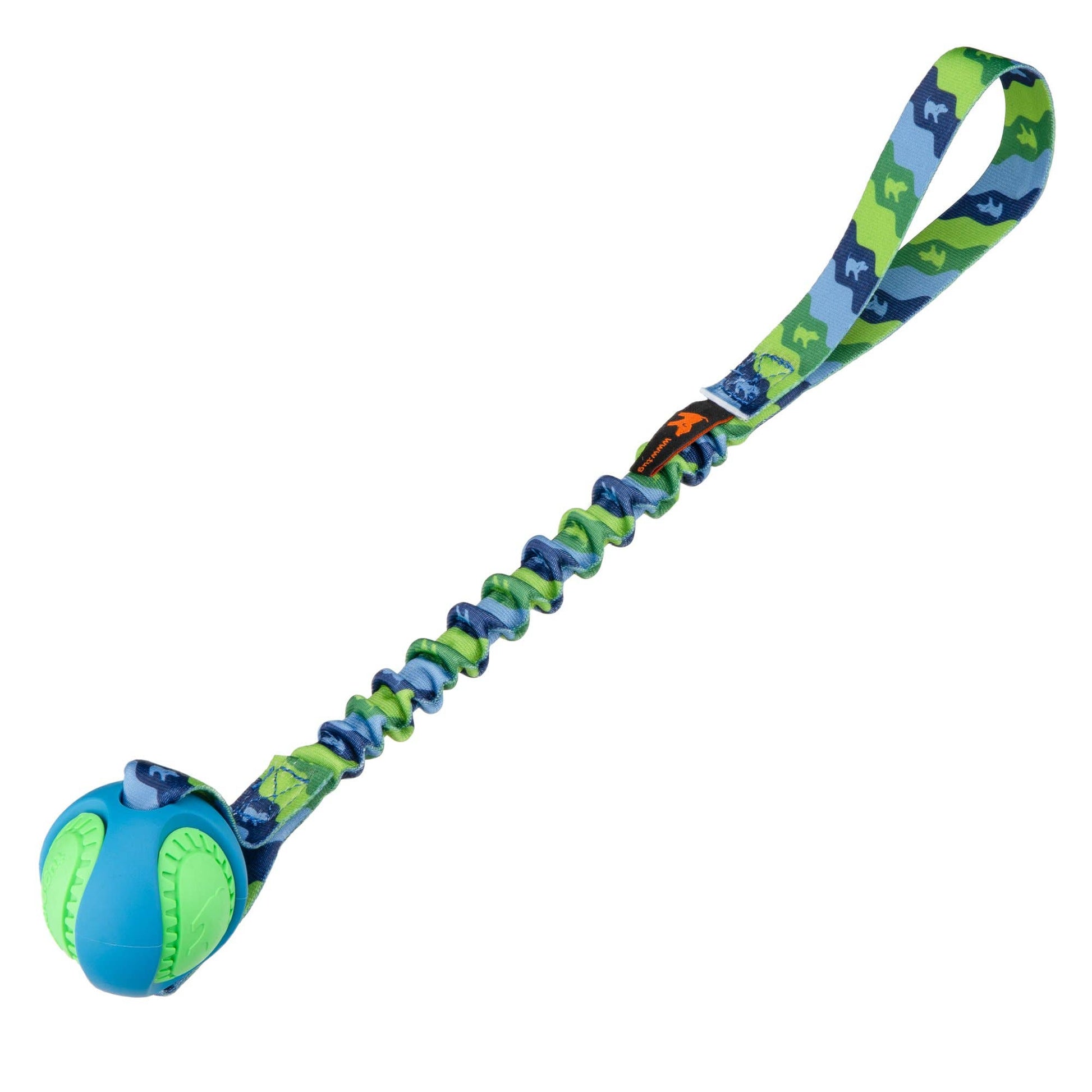 Tug-E-Nuff PowerBall Bungee Tug Dog Toy with green pattern and blue outer shell for fetch and tug play.