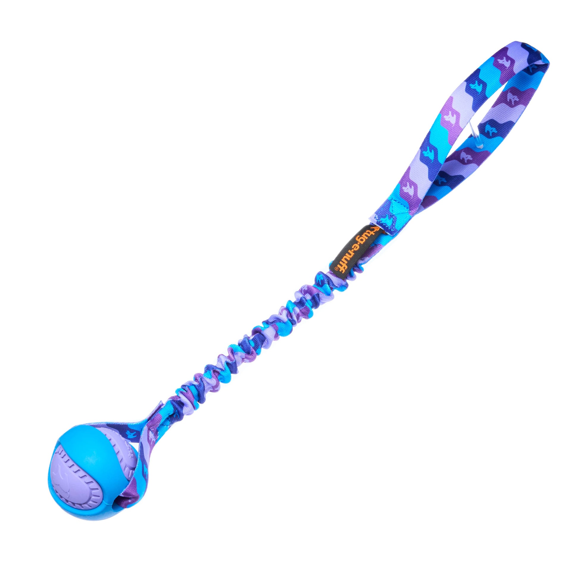 Tug-E-Nuff PowerBall Bungee Tug Dog Toy with purple pattern and blue outer shell for fetch and tug play.