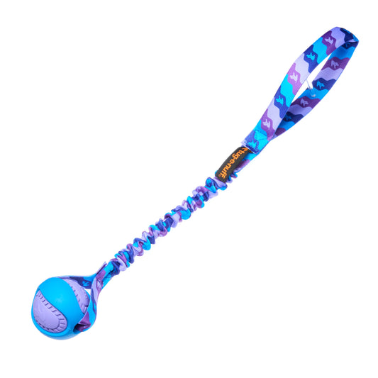Tug-E-Nuff PowerBall Bungee Tug Dog Toy with purple pattern and blue outer shell for fetch and tug play.
