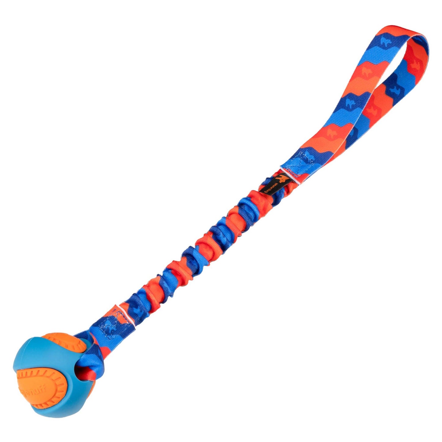 Orange pattern PowerBall Bungee Tug dog toy with blue outer shell and bungee handle for interactive play
