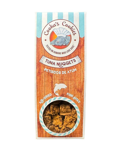 Air-dried Tuna Nuggets dog treats in a clear pack, showing natural fish bites perfect for training and high-protein snacking
