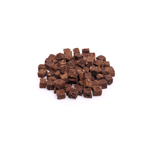 Venison collagen cube dog treats in a wooden bowl, for joint health and active dogs