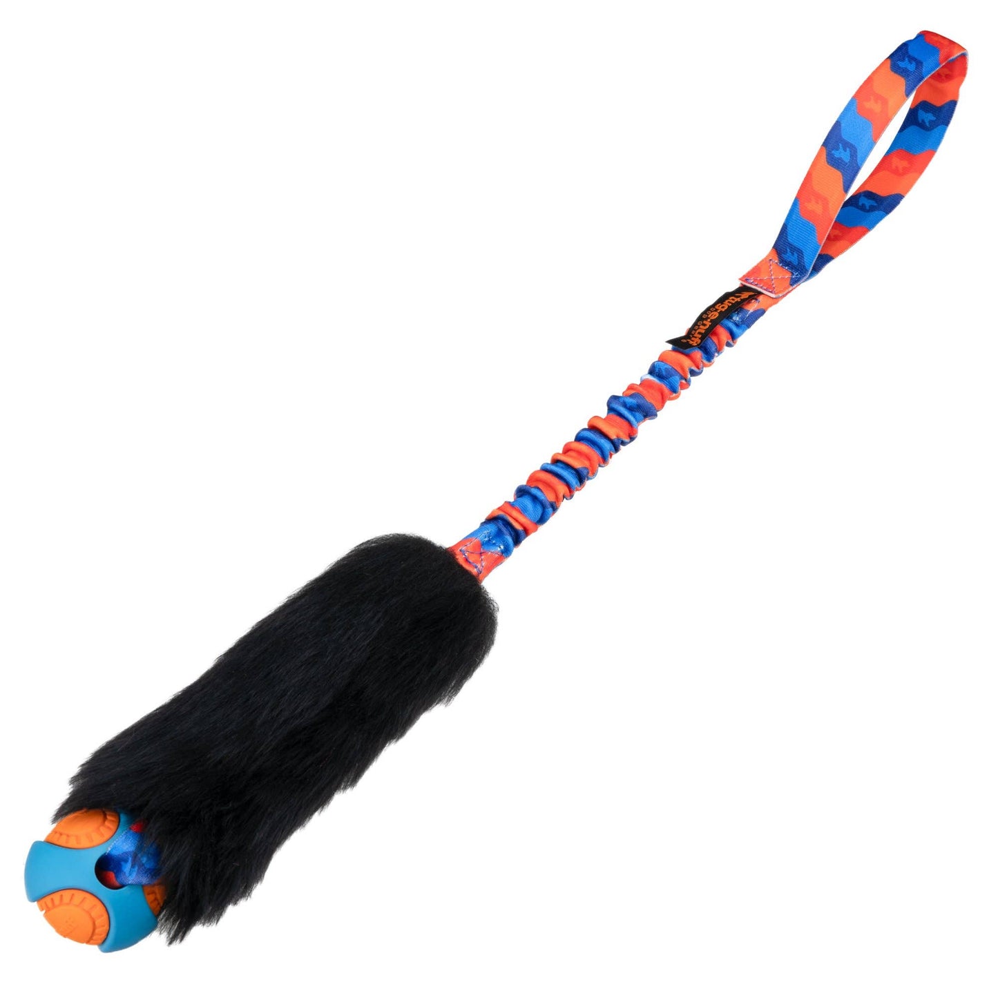Wondabaa Powerball Bungee dog toy with sheepskin bite area and bungee handle for fetch, tug and chase play