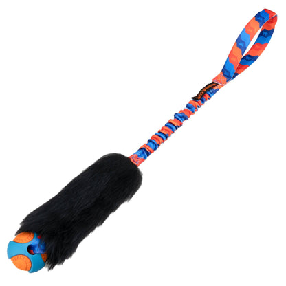 Wondabaa Powerball Bungee dog toy with sheepskin bite area and bungee handle for fetch, tug and chase play