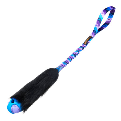 Wondabaa Powerball Bungee dog toy with sheepskin bite area and bungee handle for fetch, tug and chase play