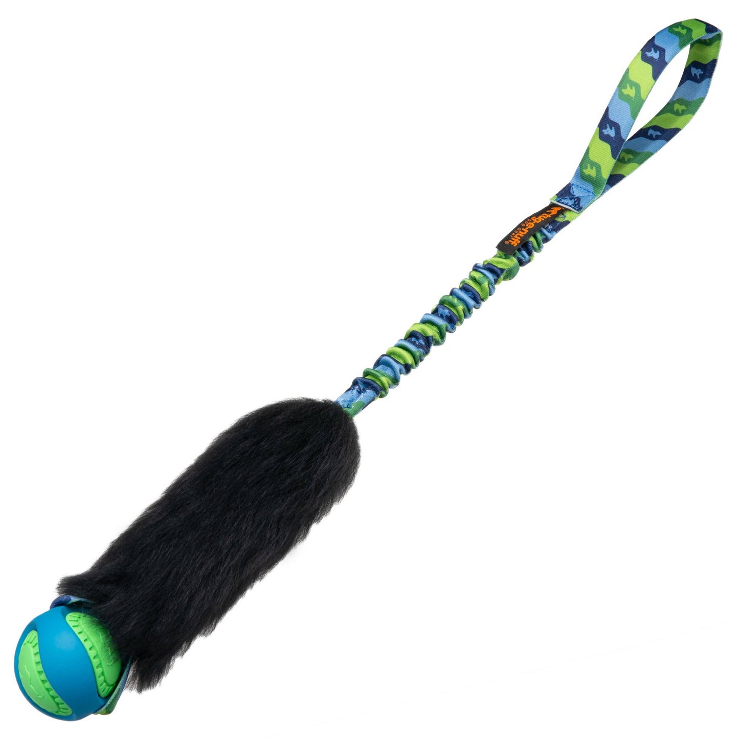 Wondabaa Powerball Bungee dog toy with sheepskin bite area and bungee handle for fetch, tug and chase play