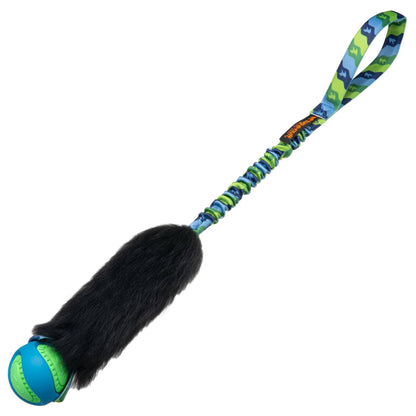 Wondabaa Powerball Bungee dog toy with sheepskin bite area and bungee handle for fetch, tug and chase play