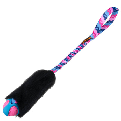 Wondabaa Powerball Bungee dog toy with sheepskin bite area and bungee handle for fetch, tug and chase play