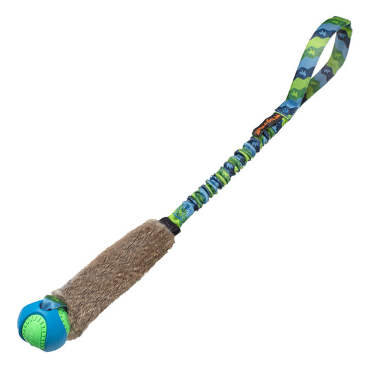 Wondabunny Powerball Bungee dog toy, rabbit fur bite area and bungee handle for fetch and tug